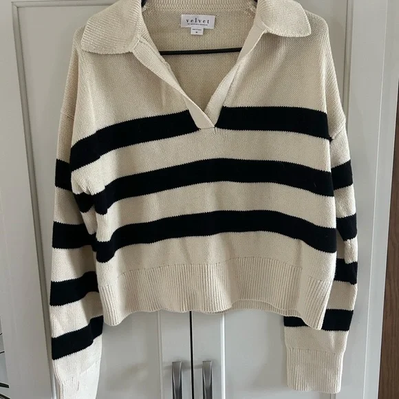 Perfect Condition Velvet Women's Striped Black and Cream Sweater - Picture 1 of 3